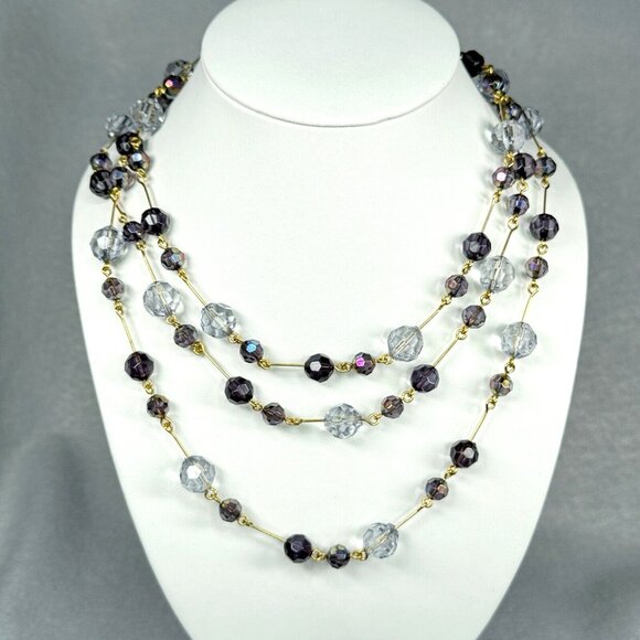 Joan Rivers Beaded Necklace Clear Purple AB Faceted Gold Tone Long Layer 60" - Picture 1 of 10